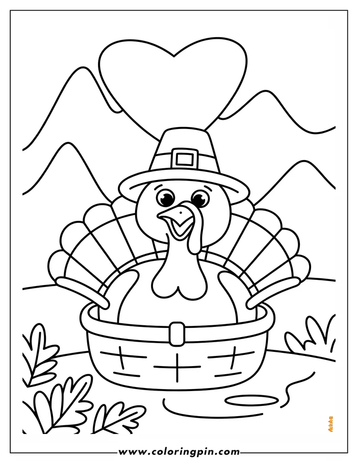 Line art of a Thanksgiving turkey sitting in a basket. The turkey wears a pilgrim hat and has a large, fanned tail. Stylized leaves surround the basket. This is a design for a coloring page.