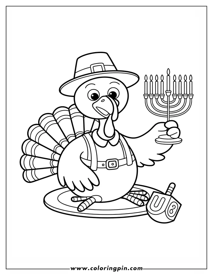 Line art of a Thanksgiving turkey holding a menorah, sitting next to a dreidel and giletnas on a platter. This coloring page design combines Thanksgiving and Hanukkah themes.
