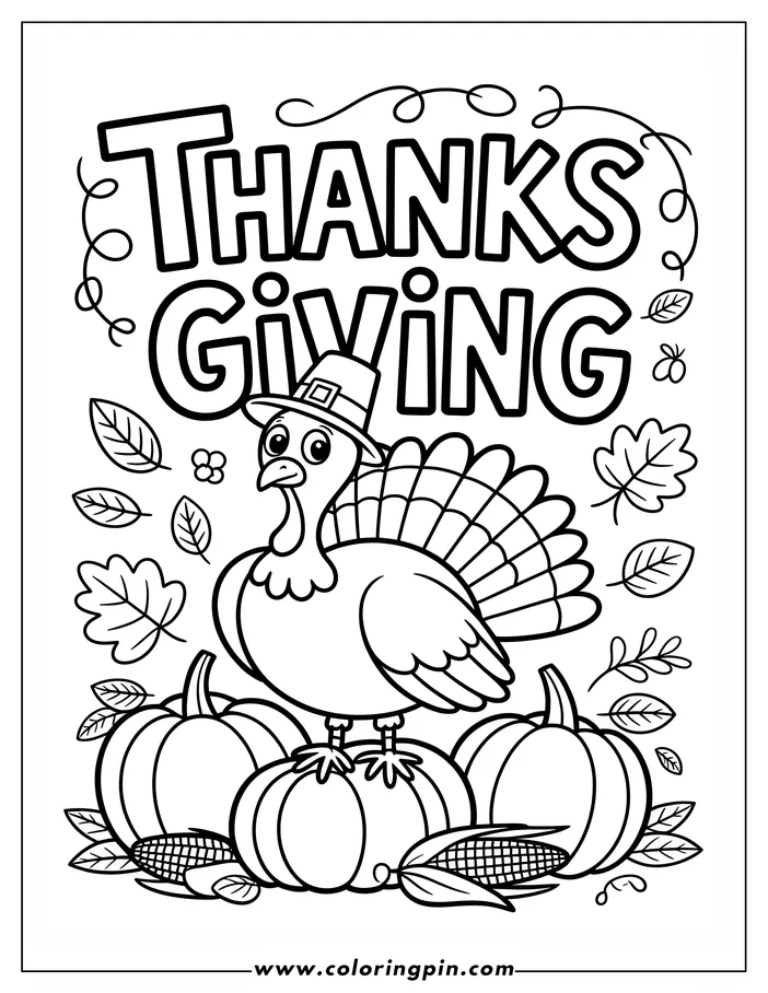 Line art of a Thanksgiving scene featuring a turkey wearing a pilgrim hat, standing on pumpkins, surrounded by corn cobs and fall leaves. "Thanksgiving" is written above in large letters, creating a festive coloring page design.