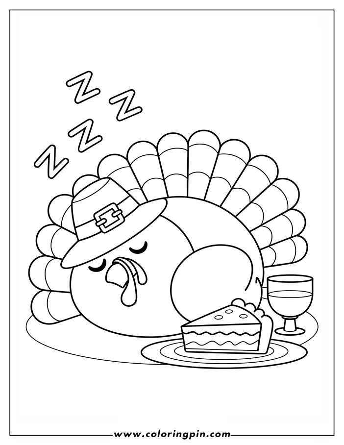 Line art of a Thanksgiving turkey, wearing a pilgrim's hat, sleeping next to a plate with a slice of pie and a glass of drink. This simple drawing is designed as a coloring sheet.