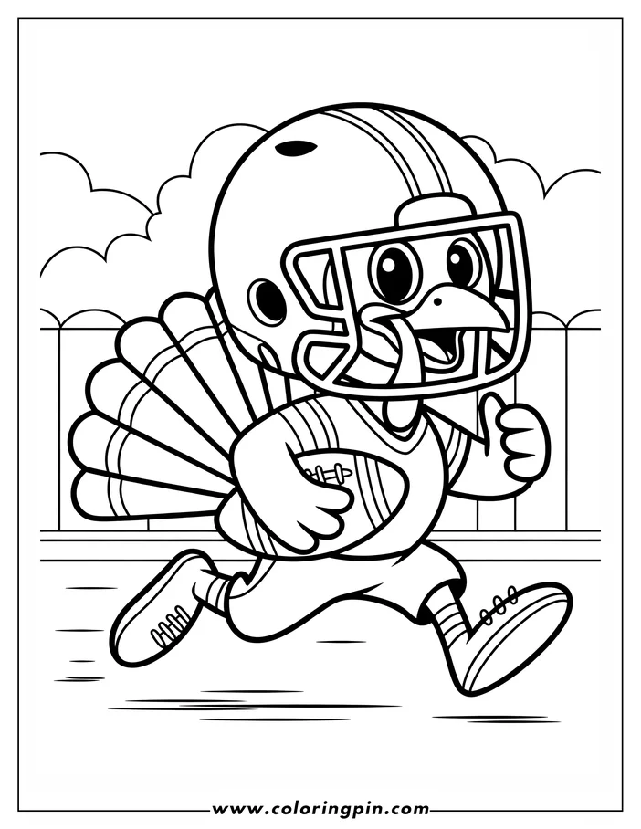 Line art of a Thanksgiving turkey dressed in a football uniform and helmet. The turkey is running with the football and giving a thumbs-up.  This coloring sheet design features a simple background with a fence and bushes.