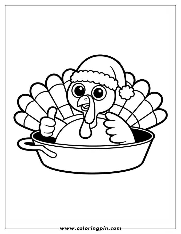 Line art of a Thanksgiving turkey sitting in a roasting pan, wearing a Santa hat. The turkey has large eyes and gives a thumbs-up. Its tail feathers are fanned out around the pan, creating a festive coloring sheet design.
