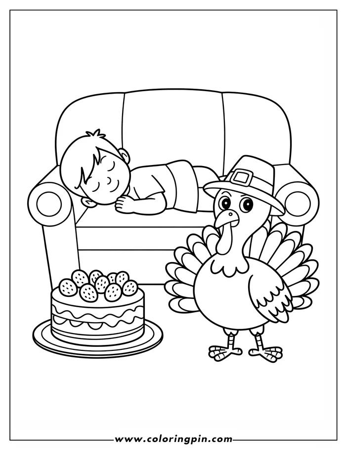 Line art of a Thanksgiving scene with a turkey in a pilgrim hat, a sleeping boy on a couch, and a strawberry cake. A simple drawing for coloring, perfect for kids.