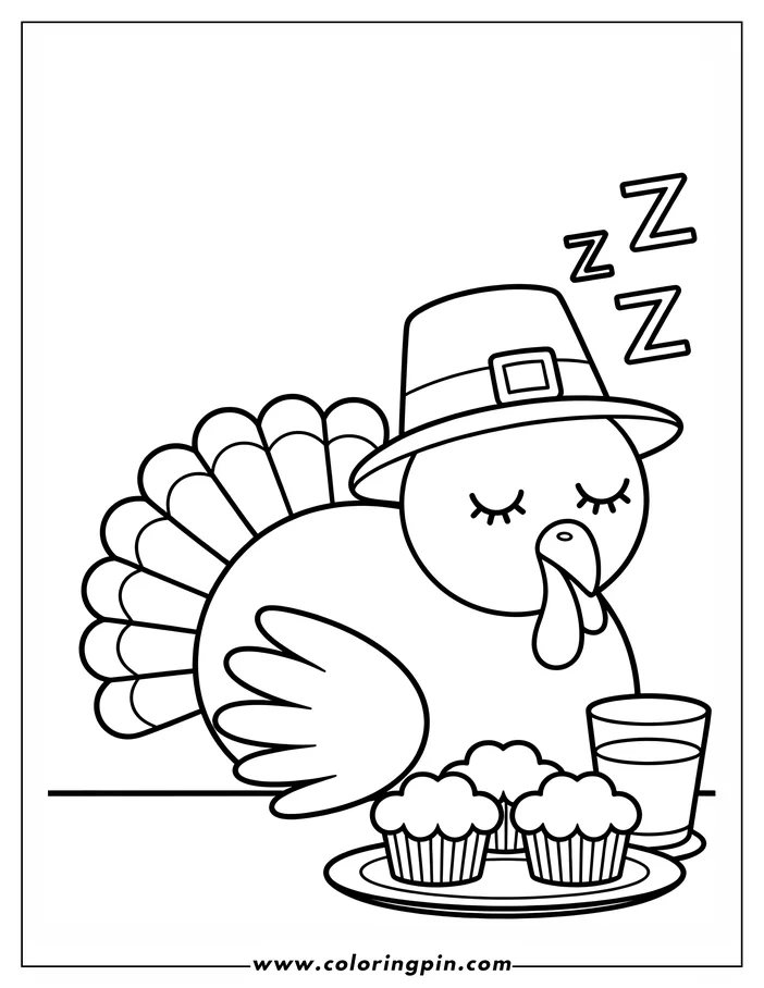 Line art of a Thanksgiving turkey sleeping. The turkey is wearing a pilgrim's hat and has its eyes closed. There are Z's floating above the turkey's head. In front of the sleeping turkey are two muffins and a glass of water on a plate. This is a coloring sheet design.