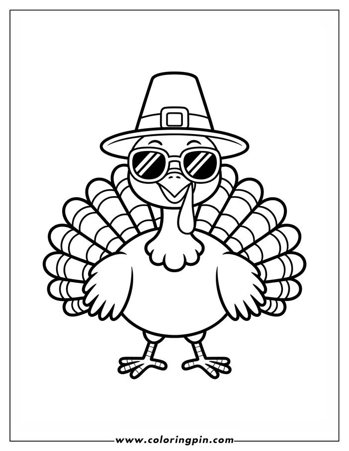Line art of a Thanksgiving turkey wearing a pilgrim hat and sunglasses, with its tail feathers fanned out. This drawing is designed as a coloring sheet.
