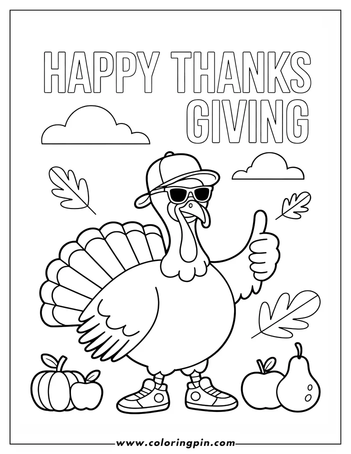 Line art of a Thanksgiving turkey wearing a baseball cap, sunglasses, and sneakers, giving a thumbs up.  A pumpkin, apple, pear, and fall leaves decorate the scene. This drawing is designed as a coloring sheet.