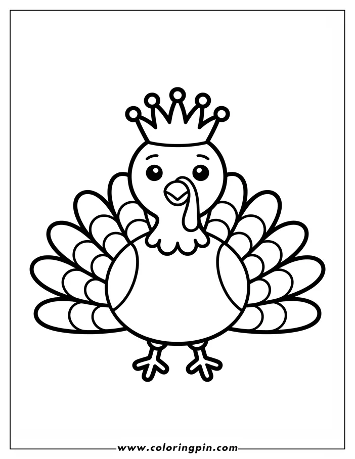 Simple line art of a Thanksgiving turkey wearing a crown, designed as a coloring sheet. The turkey's tail feathers are fully fanned out, creating a festive design.