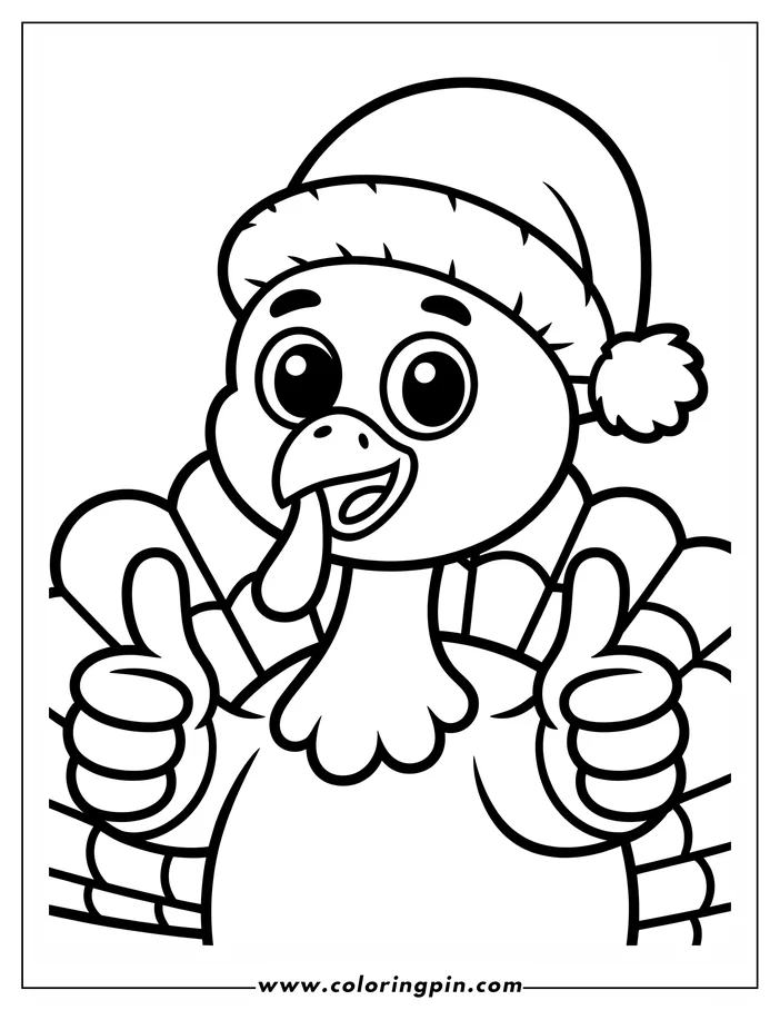 Line art of a Thanksgiving turkey wearing a Santa hat and giving two thumbs up. The cheerful cartoon turkey is presented as a simple drawing ready for coloring.