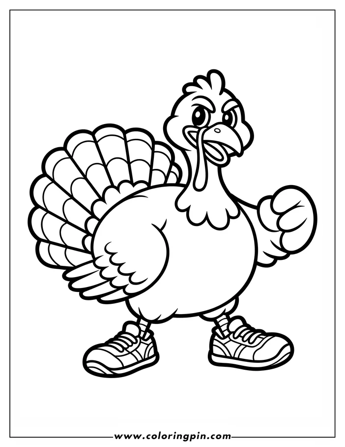 Line art of a Thanksgiving turkey wearing sneakers, standing with one fist raised as if ready to box. Its large tail feathers are fanned out behind it. This is a design for a coloring sheet.