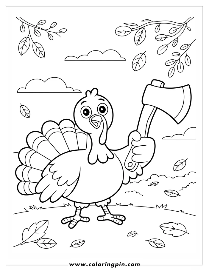 Line art of a Thanksgiving turkey holding an axe, standing on a grassy patch with fallen leaves and bare tree branches, ready for coloring.