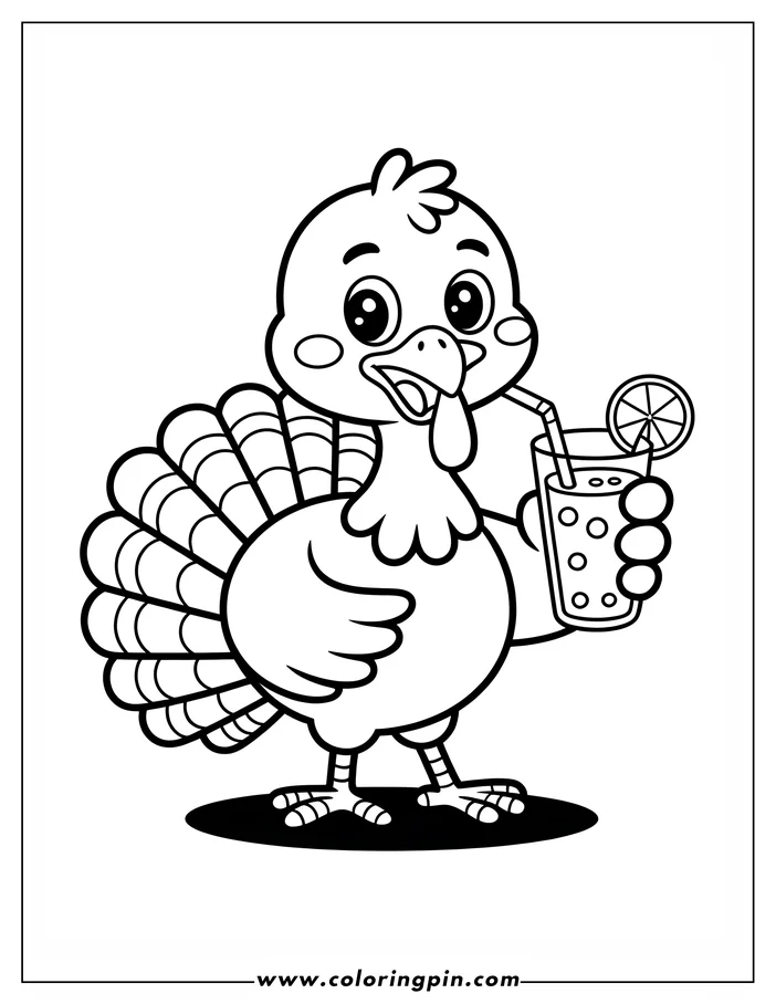 Simple coloring page design featuring a Thanksgiving turkey holding a glass of juice with an orange slice. The turkey has large, expressive eyes and detailed feather patterns. This is an outline drawing intended for children's coloring activities.