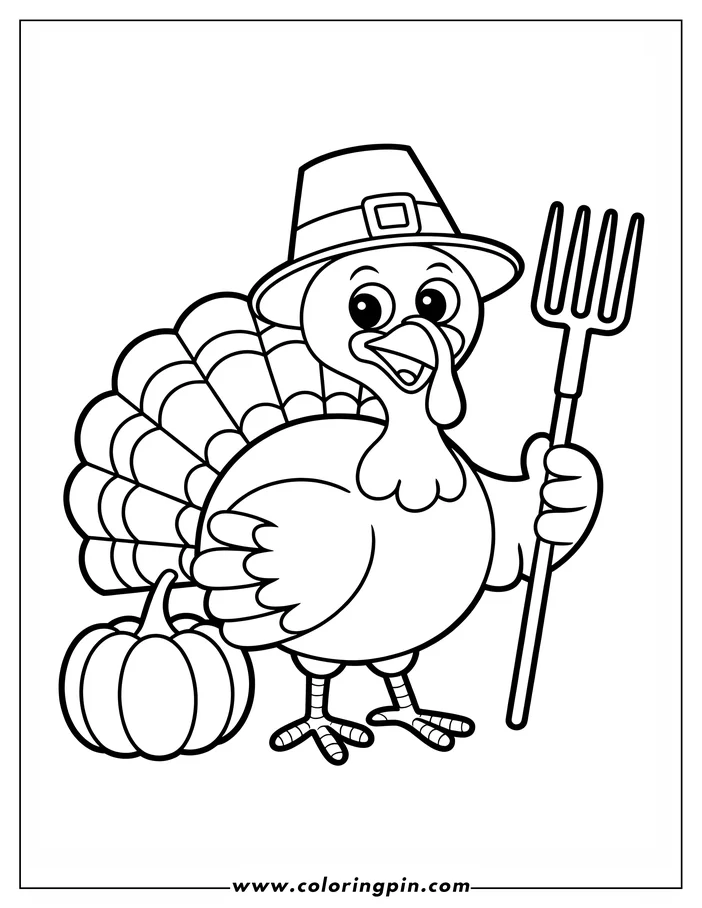 Line art of a Thanksgiving turkey wearing a pilgrim's hat and holding a pitchfork. Beside it is a pumpkin, all ready for coloring.