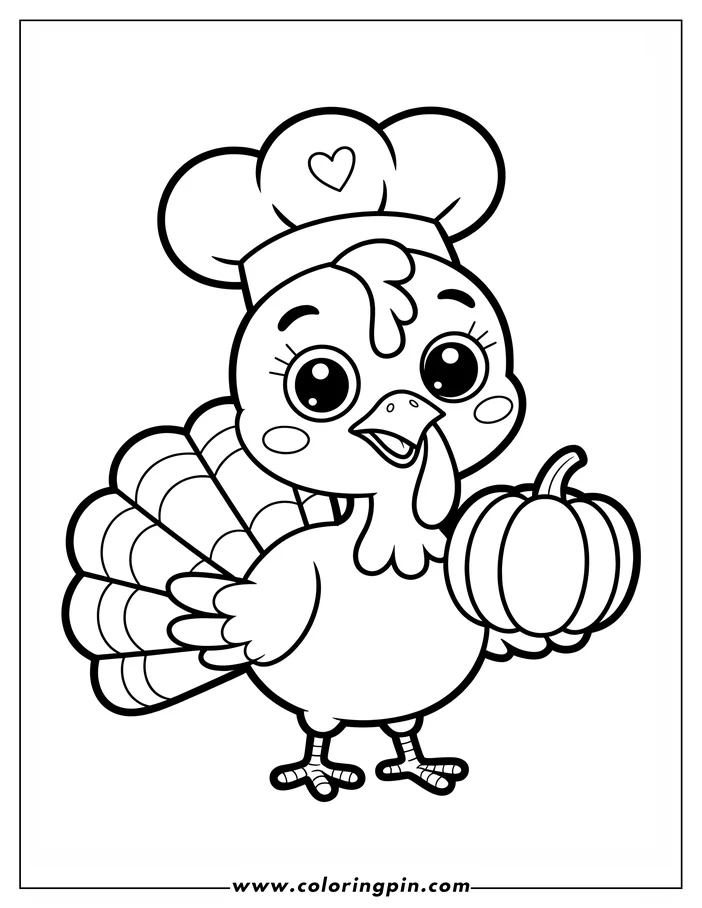 Simple line art of a Thanksgiving turkey wearing a chef's hat and holding a pumpkin. This drawing is designed as a coloring sheet for kids.