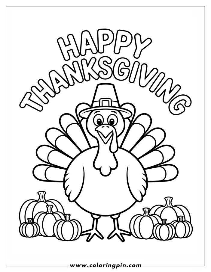 A simple, cartoon-style line drawing of a turkey for a Thanksgiving coloring page. The turkey wears a pilgrim's hat and stands between groups of pumpkins.  "Happy Thanksgiving" is written above the turkey.