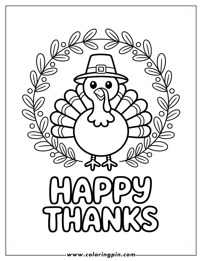 Simple line art of a Thanksgiving turkey wearing a pilgrim's hat, centered within a decorative wreath of leaves and berries. The words 'HAPPY THANKS' appear below. This is a design for a coloring page.