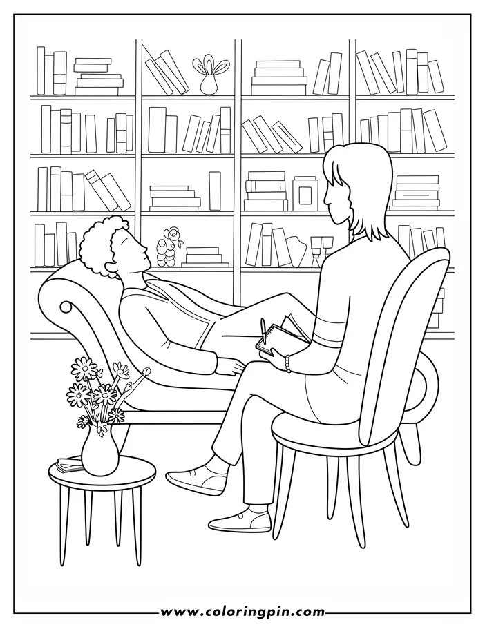 Therapist listening to a patient on a chaise lounge in an office setting.  The therapist holds a notepad and pen. A bookcase and small table with a vase of flowers are visible in the room.