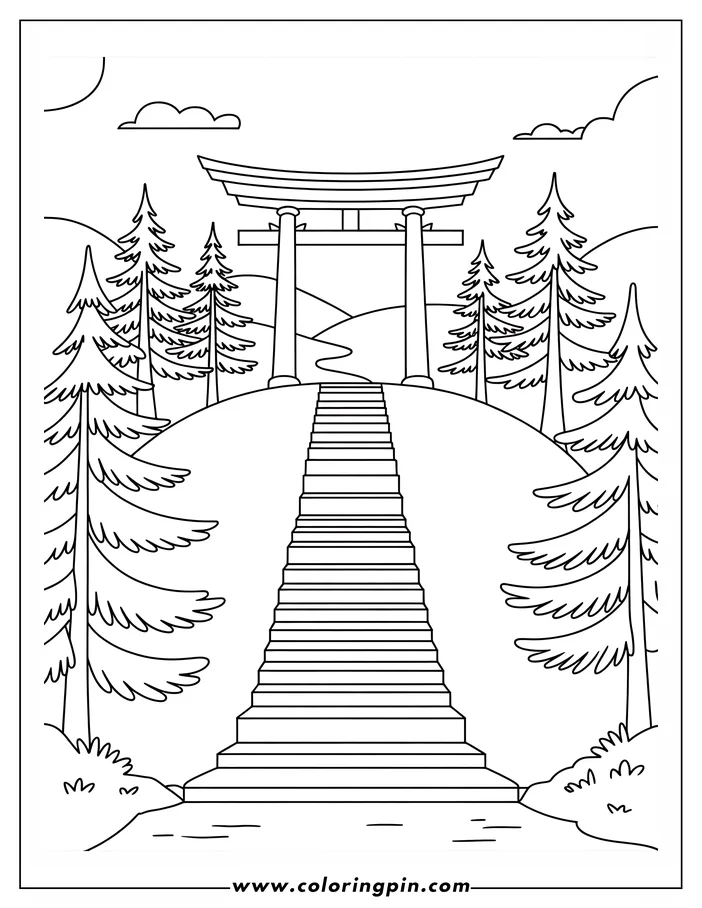 Outline drawing of a torii gate at the top of a staircase with evergreen trees on each side.