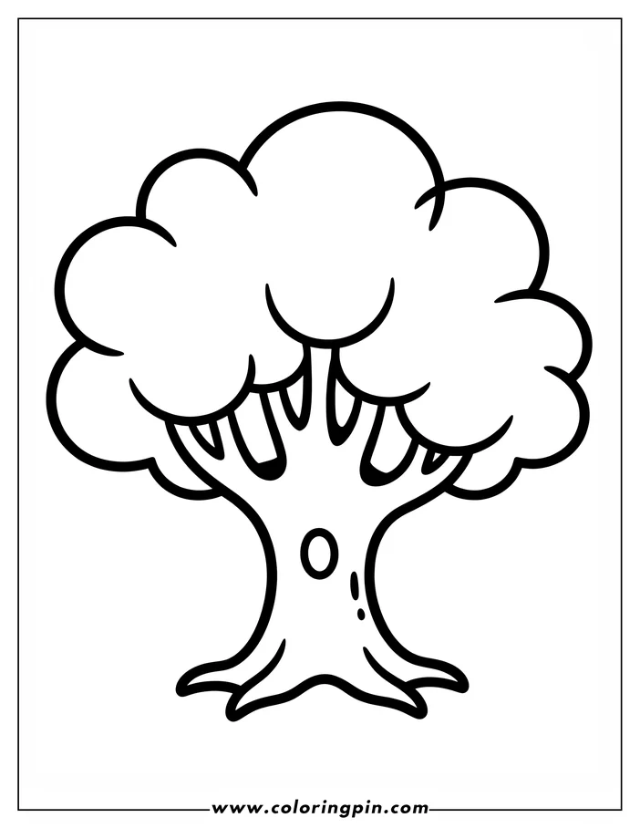 Line art of a simple tree with a rounded canopy and thick trunk.
