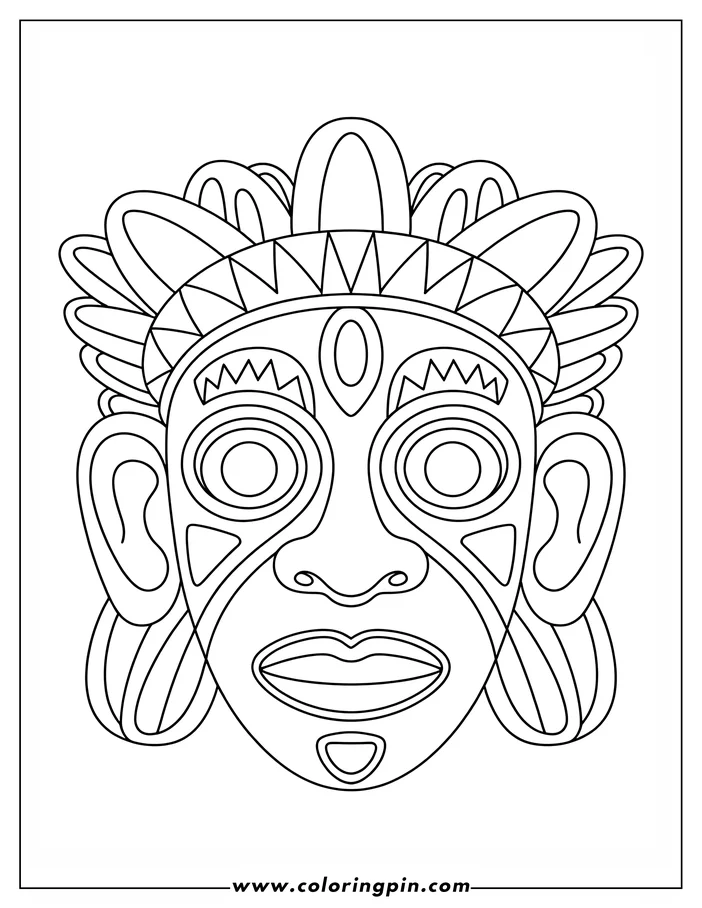 Line art of a tribal mask with a decorative headdress. The mask has large eyes, a prominent nose, and full lips. Geometric details are present throughout the design.