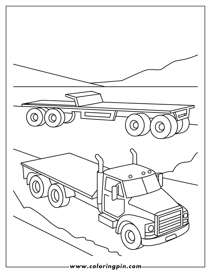 Outline of a truck and a detached flatbed trailer. The truck is positioned below the trailer on the page.