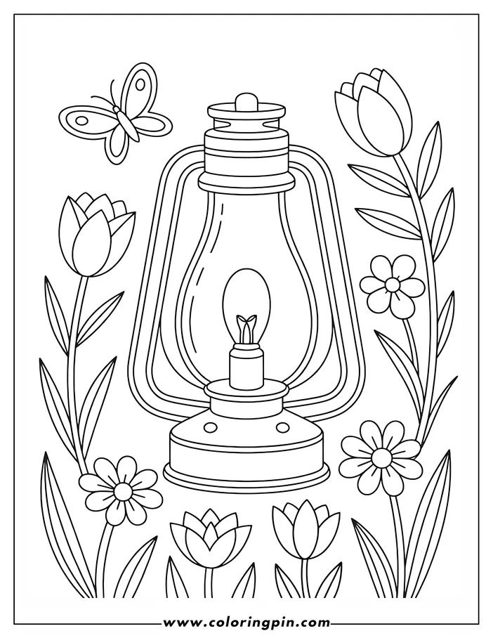 Tulip and lantern coloring page, a simple and cute floral outline drawing for kids and adults, free to print.