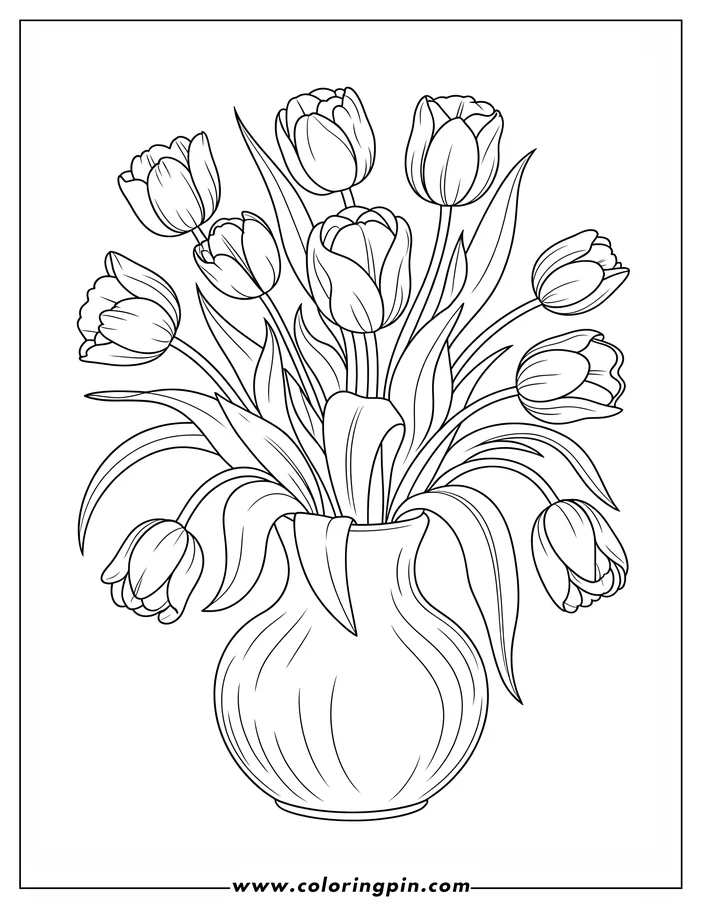 Tulip arrangement coloring page, a simple and elegant floral printable coloring sheet for kids and adults.