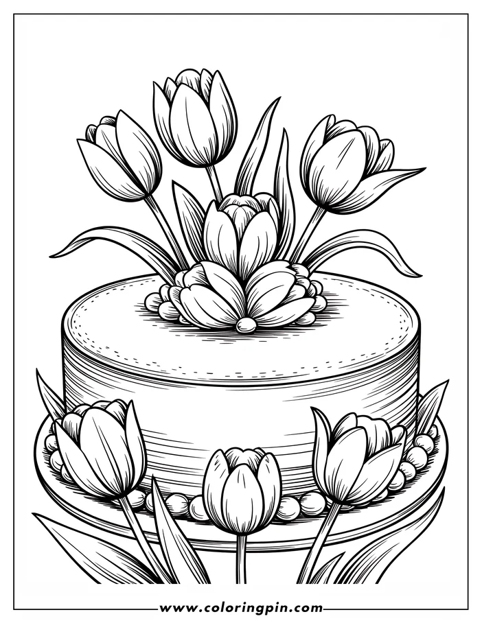 Detailed tulip cake coloring page, a beautiful and intricate printable coloring sheet for all ages.