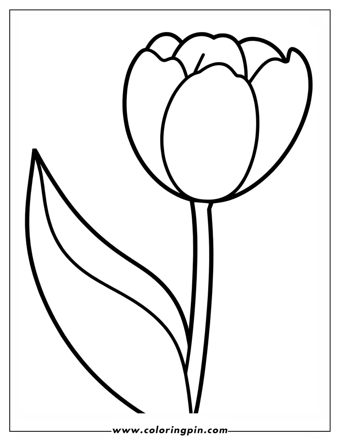 Simple outline of a tulip flower with a single leaf.