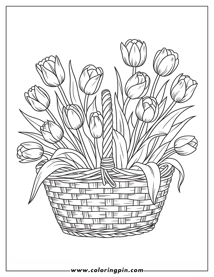 Detailed tulip in basket coloring page, a free printable flower coloring sheet perfect for kids and adults.