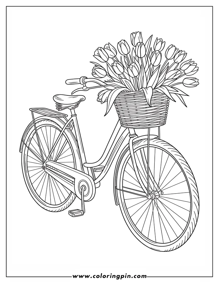 Tulip in bike basket coloring page, a charming flower coloring sheet with a vintage bicycle, free and printable for all ages.
