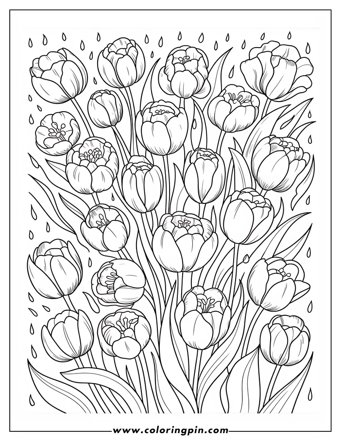 Detailed tulip coloring page in the rain, a free printable flower coloring sheet for kids and adults.