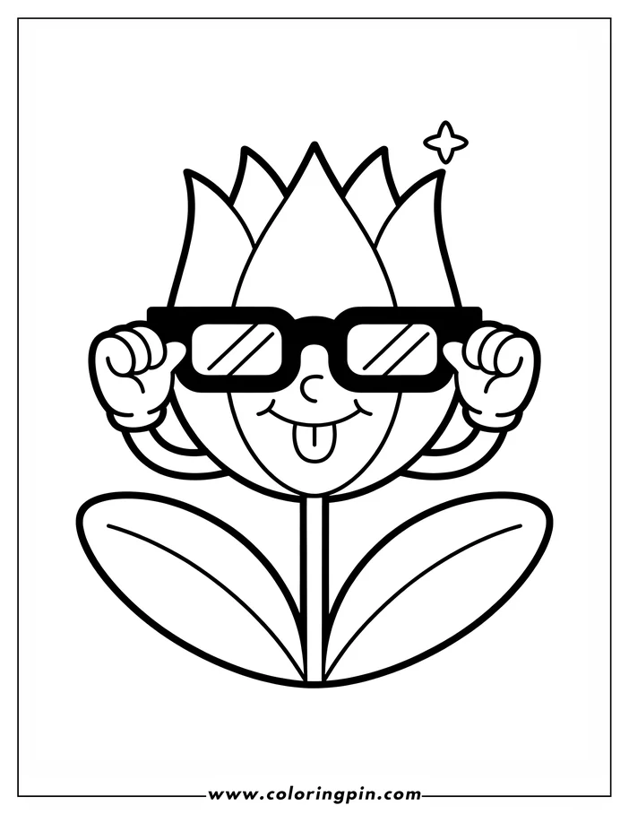 Cartoon tulip wearing sunglasses coloring page, a fun and easy printable coloring sheet for kids and adults.