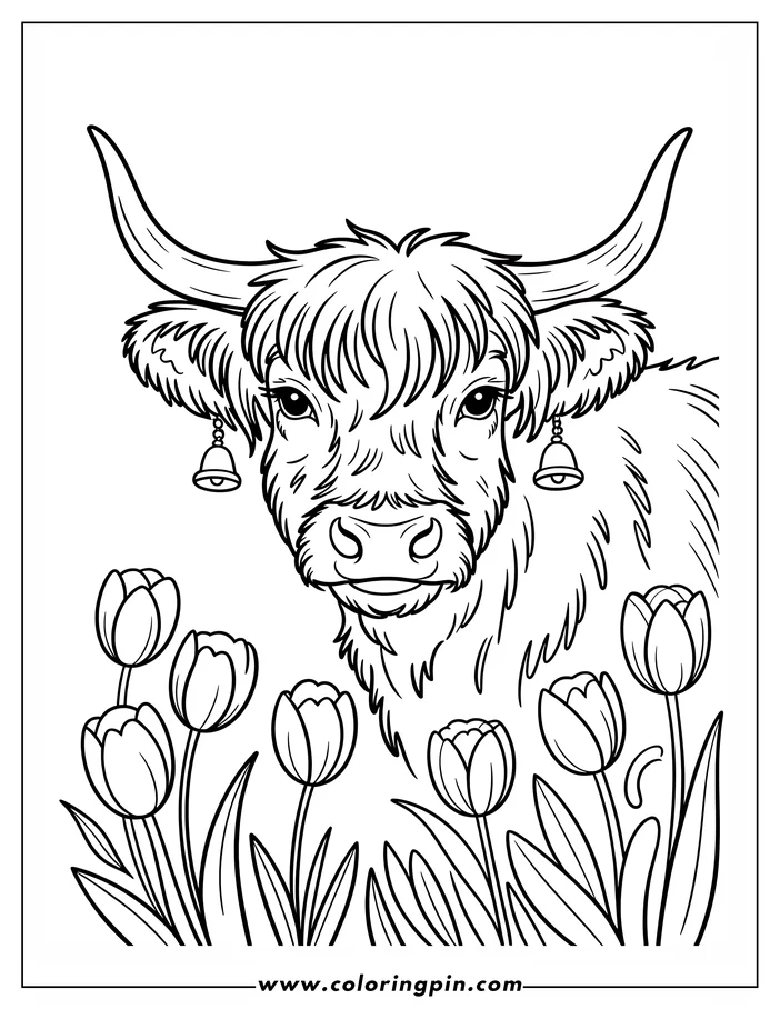 Highland cow with tulips coloring page, a cute farm animal coloring sheet for kids, free and printable.
