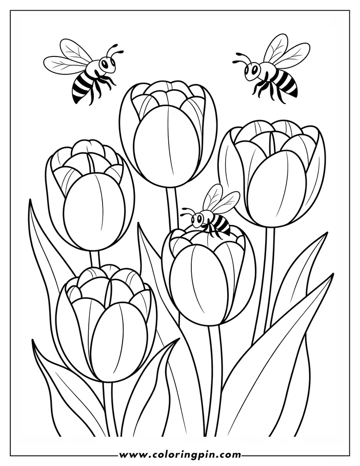 Tulip and bees coloring page, a simple and cute spring flower coloring sheet for kids, free and printable.