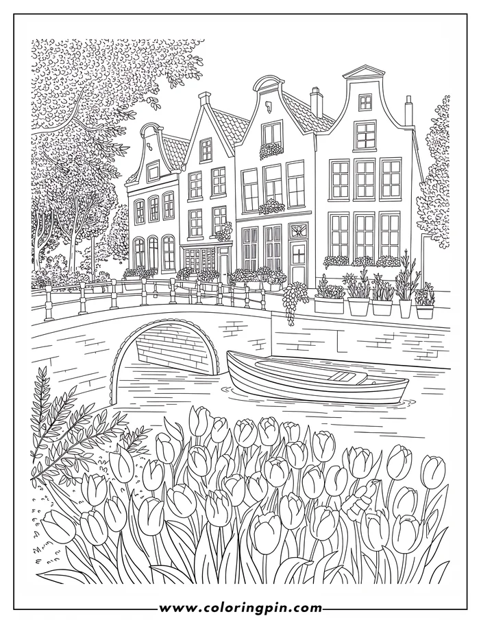 Detailed tulip garden by the canal coloring page, a printable flower and building scene outline drawing for all ages, free to print.