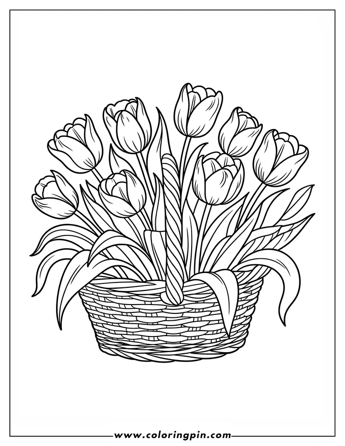 Tulips in a basket coloring page, a simple flower coloring sheet for kids and adults, free and printable.