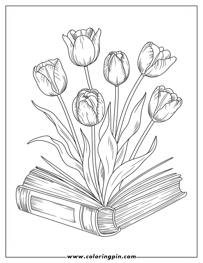 Realistic tulip bouquet in book coloring page, a detailed flower and book coloring sheet for all ages, free printable PDF.