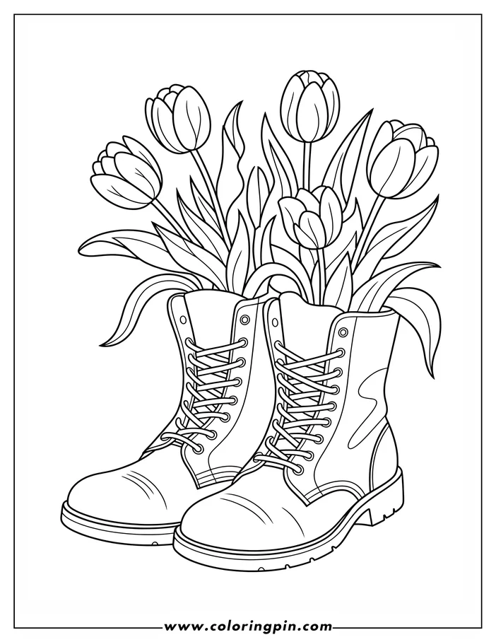 Tulips in boots coloring page, a simple flower-themed printable outline drawing for kids and adults.
