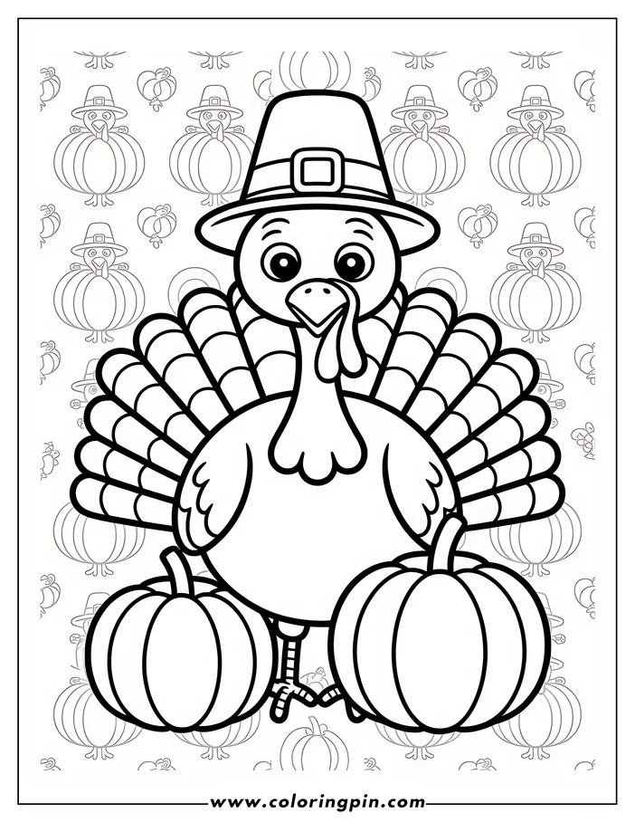 Line art of a Thanksgiving turkey wearing a pilgrim's hat and standing between two pumpkins.  The background is decorated with smaller turkeys and pumpkins. This is a design for a children's coloring sheet.