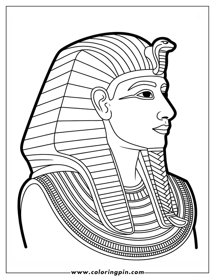 Line art of Tutankhamun, the Egyptian pharaoh, wearing a Nemes headdress with a cobra and false beard.