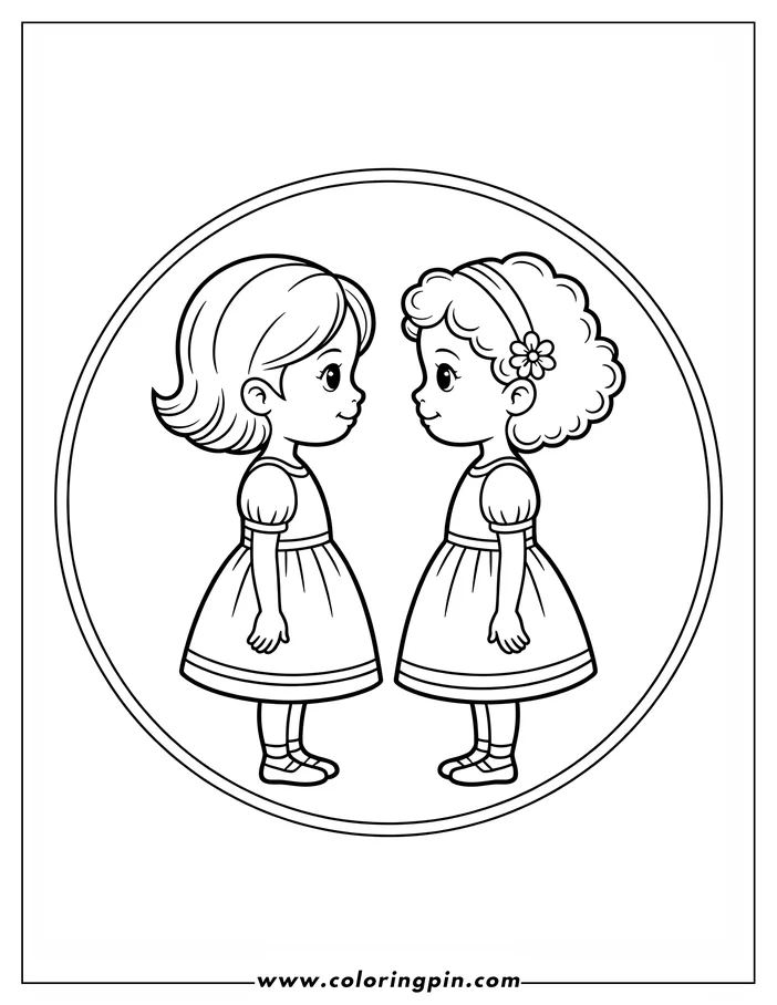 Two young girls, likely twins, stand facing each other. One girl has straight hair, while the other has curly hair adorned with a headband and a flower. They wear similar dresses and Mary Jane shoes.