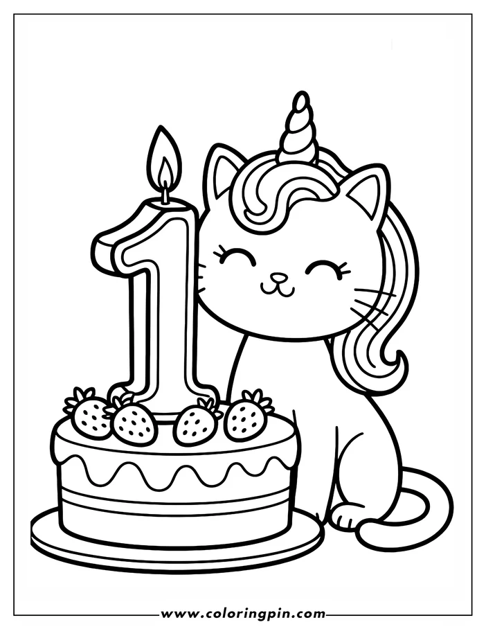 Line art of a unicorn cat sitting beside a birthday cake with a number 1 candle. The cat has a swirling horn and mane, and the cake is decorated with strawberries. This is a design for a coloring sheet.