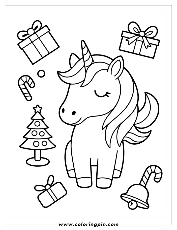 Line art of a unicorn surrounded by Christmas decorations.  The unicorn has a striped horn, a flowing mane, and closed eyes. It's encircled by wrapped gifts, candy cane, a Christmas tree, and a Christmas bell with a candy cane for a handle. This simple drawing is designed as a coloring sheet.