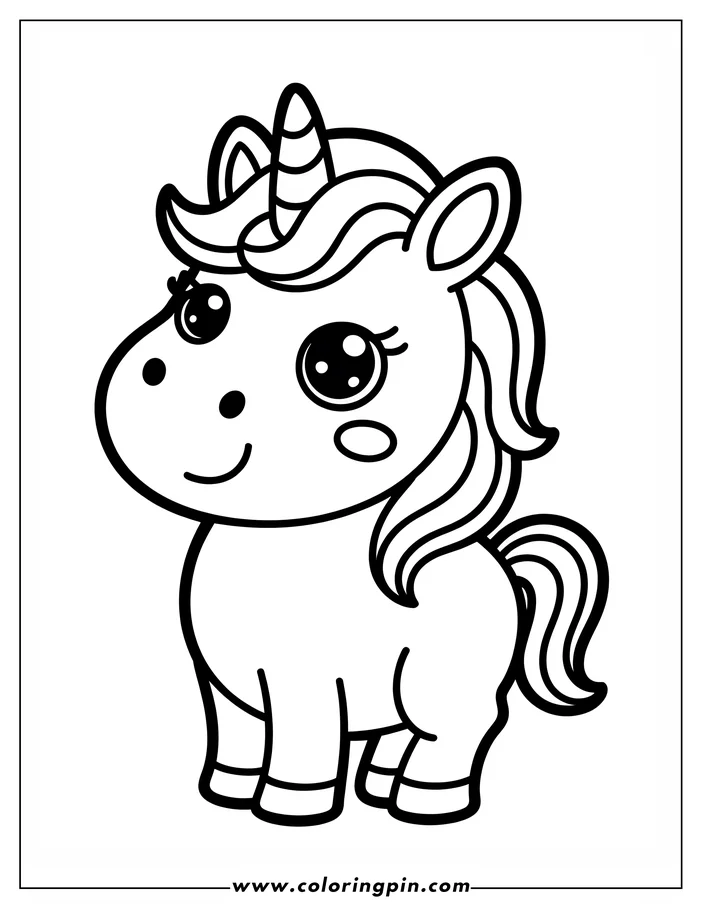 Simple line art of a unicorn with a striped horn, flowing mane, and large, expressive eyes, ready to be colored in.