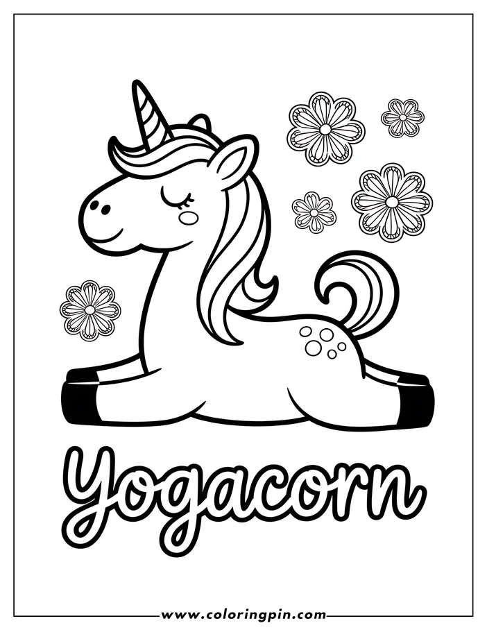 Simple, cute line art of a unicorn in a yoga pose, lying on its stomach with legs outstretched. Its eyes are closed, and a striped horn, flowing mane, and spots adorn its body. Several stylized flowers decorate the background. The word "Yogacorn" is written below. This drawing is designed as a coloring sheet for children.
