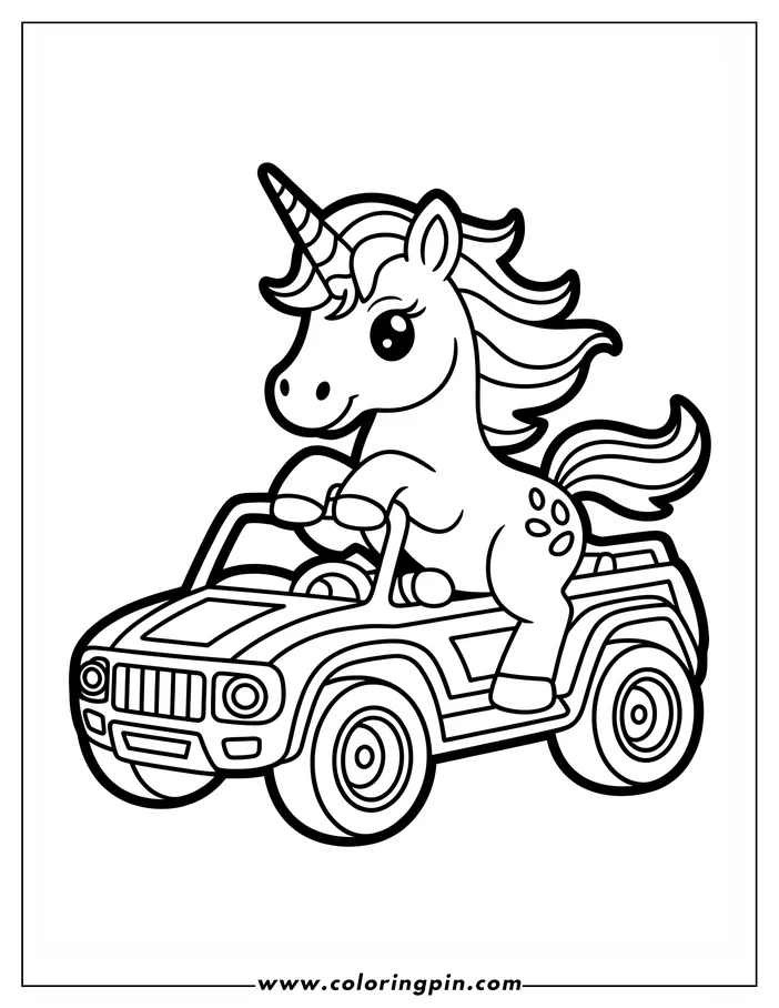 Line art of a unicorn sitting in a jeep, holding the steering wheel.  The unicorn has a striped horn, a long mane and tail, and spots on its hindquarters.  It's a simple, open-top jeep design with large tires, ready for coloring.