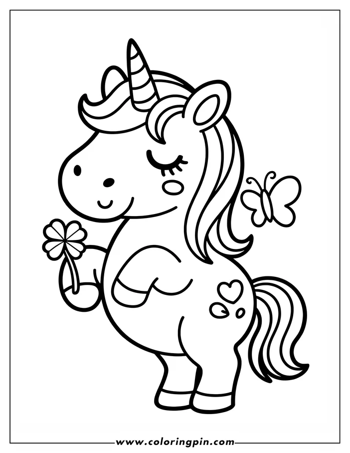 Simple, whimsical line art of a unicorn holding a four-leaf clover. The unicorn has closed eyes, hearts by its tail, and a striped horn. A butterfly sits by the unicorn's mane. This image is a coloring page design.