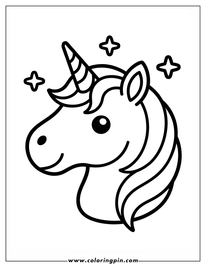 Simple line art of a unicorn head with a striped horn and flowing mane, perfect for a coloring page. Three small stars surround the unicorn's head.