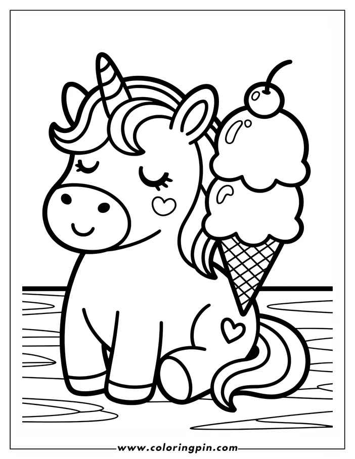 Simple, cute line art of a unicorn sitting with a large ice cream cone, designed as a coloring page. The unicorn has closed eyes, a striped horn, and hearts on its cheek and tail. The ice cream has two scoops and a cherry on top.