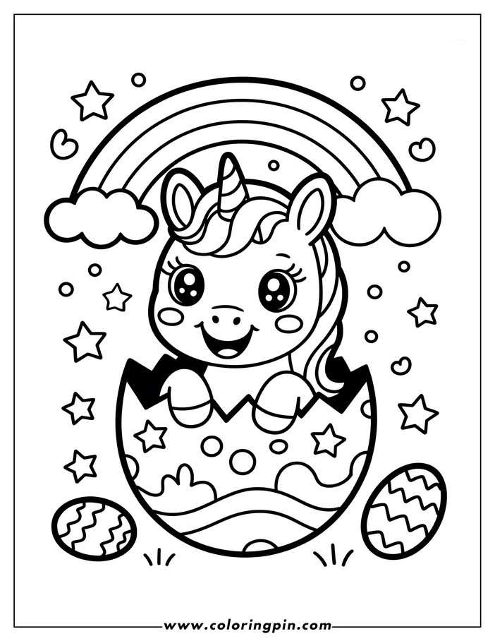 A cheerful cartoon unicorn sits inside a decorated, cracked Easter egg, beneath a rainbow. The unicorn has a striped horn, large, expressive eyes, and is smiling. Two additional patterned eggs sit on either side. Stars, circles, and a rainbow decorate the scene.  This is a printable line art design for a coloring page.